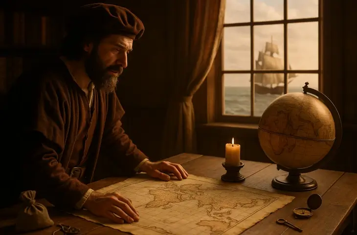 İstanbul’un fethinin ardından Avrupa’nın yeni ticaret yolları arayışını simgeleyen, harita üzerinde çalışan bir Avrupalı kaşif tasviri.